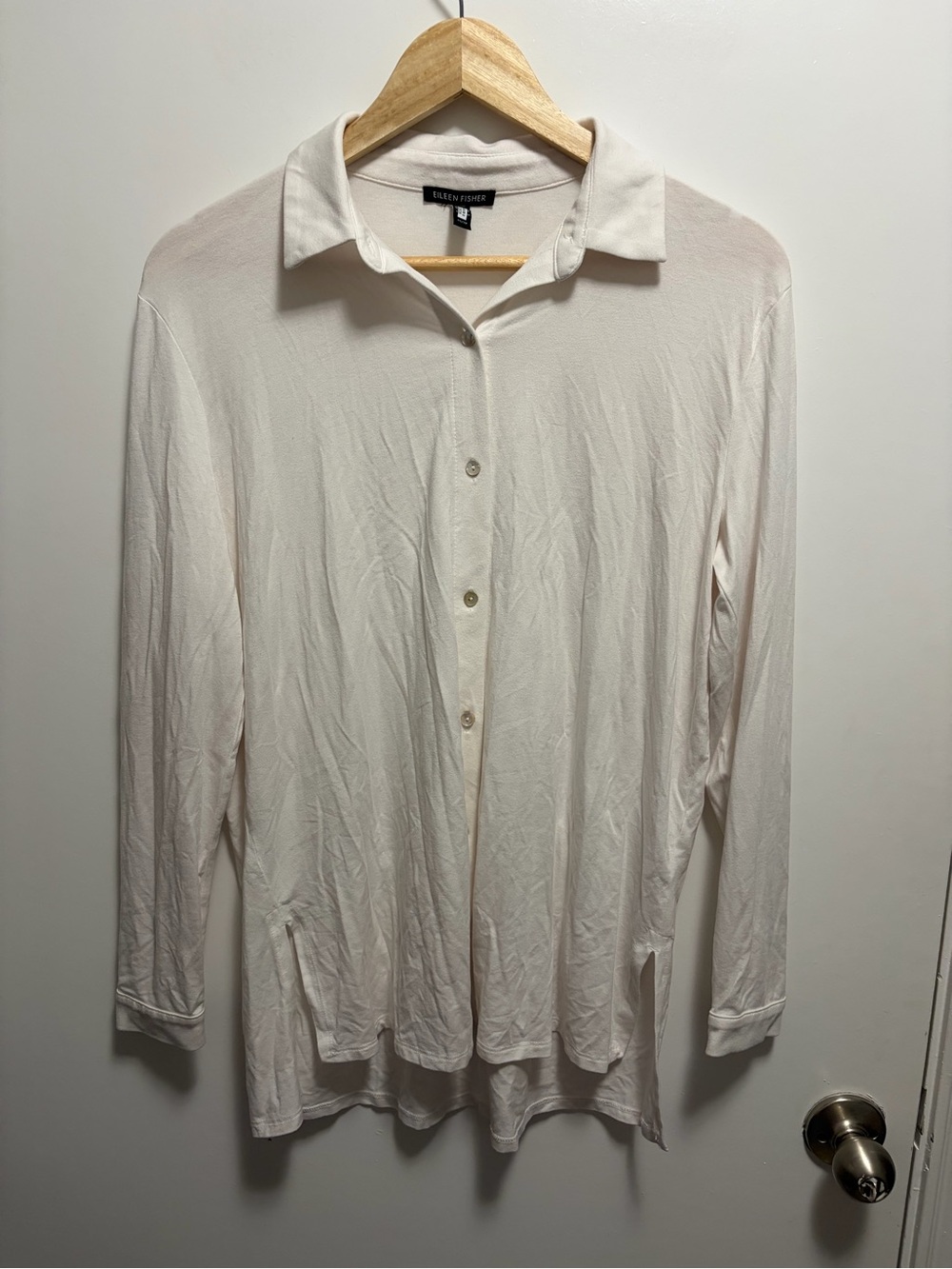 Eileen Fisher White Stretch Jersey Knit Classic Collar Shirt Size XS - Picture 1 of 5